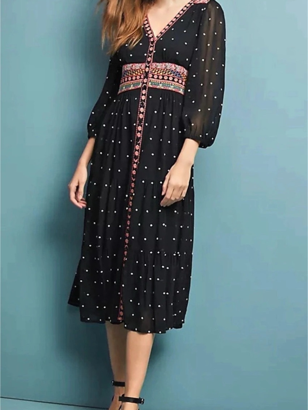 Anthropologie La Boheme Dress Embroidered Polka Dot Midi sz 10